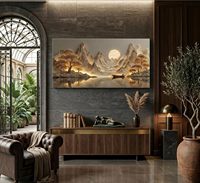 Tekstur 3D Lanskap Besar Matahari Terbit Matahari Terbenam Abstrak Pegunungan Danau Pohon Terbungkus Kanvas Seni Dinding Poster Cetak 48X24 Bertekstur