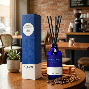 Aikun Custom Packaging Elegant 110ml Sandalwood MMB Blue Round Glass Reed <b>Diffuser</b> Gift Box Set For Cafe Table Lobby Decor - Product Image 1