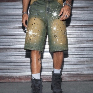 กางเกงยีนส์ขาสั้นทรงวินเทจฟอกสีซีดแบบซันดราย ลายแมวข่วน ตกแต่งด้วยคริสตัลสั่งทำพิเศษสำหรับผู้ชาย ความยาวปานกลาง - Product Image 2