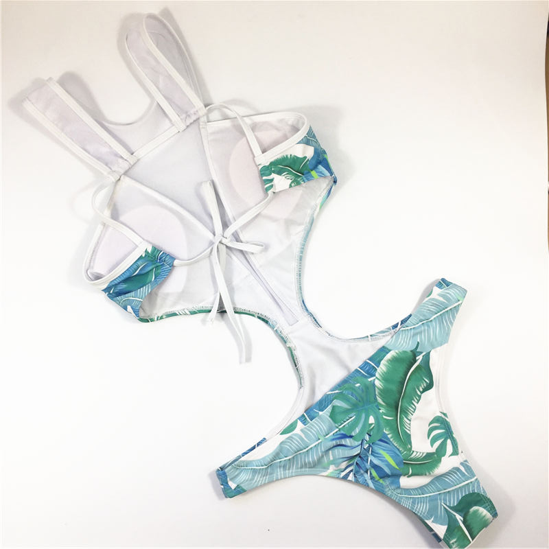 Summer fashion style leaves printed Ladies sexy swimsuit one-piece halter swimwear
