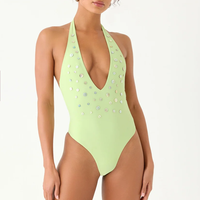 Maillot de bain une pièce personnalisé OEM pour femme, style halter, décolleté plongeant, avec boutons décoratifs, maillot de bain à marque privée, commande en gros