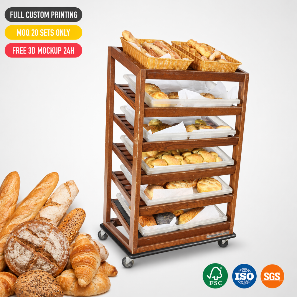 Custom 6-Tier Wooden Rolling Bakery Display Rack Bread Pastry Cart with Wicker Baskets 4 Swivel Casters for Bakery Cafe Hotel — view 2