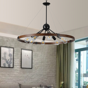 Expédié depuis les États-Unis, lustre industriel rustique de 32 pouces, luminaire suspendu de style ferme à 8 lumières avec finition en métal et en bois (sans ampoule) - Product Image 2