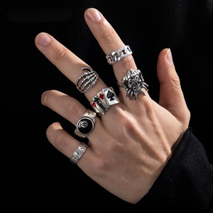 Emo 6pcs 펑크 포커 조커 실버 컬러 반지 남성용 고스 해골 당구 세트 패션 쥬얼리 반지 액세서리 커플 빈티지 - Product Image 1
