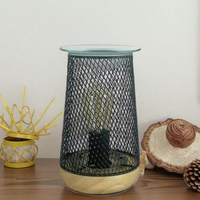 Lampe chauffe-cire électrique industrielle vintage en métal avec plateau en verre et base en bois, veilleuse rustique pour la maison