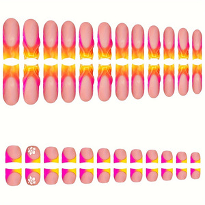 Faux ongles à presser assortis pour les mains et les orteils, forme cercueil, motifs flamme orange néon et <span class=keywords><strong>rose</strong></span>, fleur blanche, pour manucure et pédicure estivale, lot en gros - Product Image 2