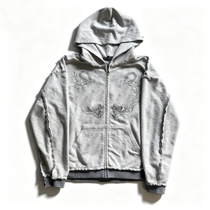Sweat à capuche zippé intégral surdimensionné pour homme, en molleton épais gris délavé style vintage, avec impression DTG graphique - Product Image 1