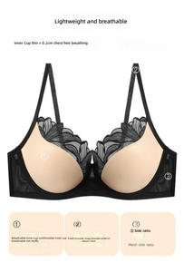 Conjunto de lencería de sujetador minimizador estilo francés para mujer, push-up con soporte lateral, aros suaves, encaje bordado, recortes, fino y transpirable - Product Image 2