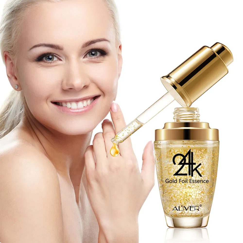 ALIVER Serum emas 24K, Label pribadi Serum pemutih wajah pelembab asam hialuronat Vitamin C kolagen 24k Foil emas