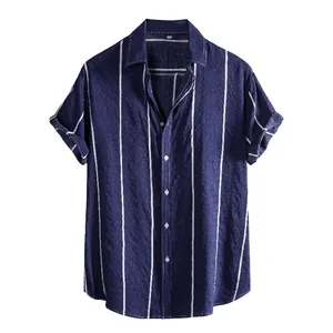 2024 New Hawaiian Men's Shirts Cotton And Linen Green Striped Shirt Loose Short Sleeve Men's Casual Buttons Beach Shirts Top