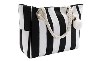 Grand <span class=keywords><strong>sac</strong></span> de plage en toile avec logo imprimé à rayures beiges, fourre-tout avec boule de cheveux pour femmes, vente en gros - Product Image 4