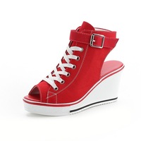 Sepatu Wedge High Heels Cepat Tersedia, Sandal Fish Mouth Platform, Sandal Wedge Heel Chunky, Sepatu Kasual Trendy Kanvas