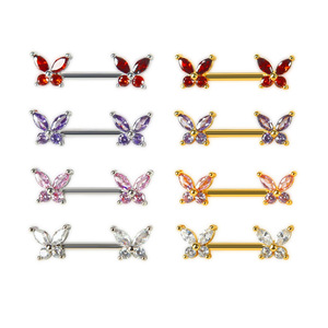 Barre de <span class=keywords><strong>piercing</strong></span> pour téton en acier inoxydable plaqué or, avec <span class=keywords><strong>double</strong></span> papillon multicolore en zircon cubique, pour usage quotidien, fêtes et décoration corporelle - Product Image 2
