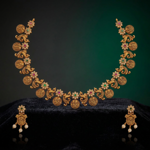 Antique Short <b>Necklace</b> 186400 Flower Design Bezel Set <b>Ruby</b> <b>Ruby</b>-Green Synthetic Zircon Stones Zinc Alloy Elegant Timeless Piece - Product Image 3
