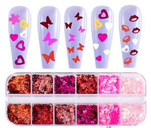 12 compartiments de flocons 3D en forme de cœur et de fleur, couleurs assorties, en plastique, accessoires de décoration pour ongles pour la Saint-Valentin - Product Image 2