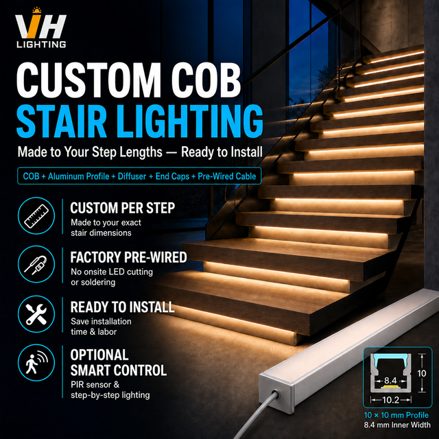 Custom Length COB LED Stair Light Fixture Aluminum Profile Pre-Assembled with Motion Sensor Controller for Staircase Lighting