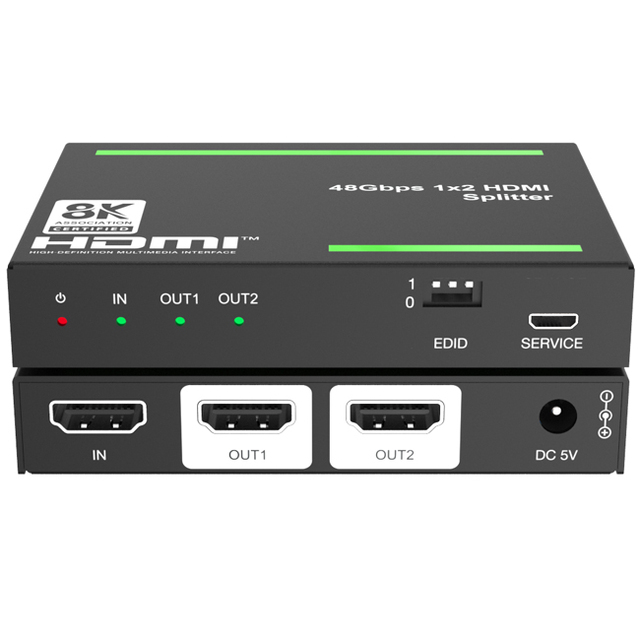 48Gbps 1x2 8K UHD HDMI 2.1 Splitter with Auto Downscaling for Home Theatre System