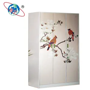 High Quality Multi-Function Bedroom Custom Cupboard 3 Door Metal Wardrobes Closet With A Mirror And Pattern