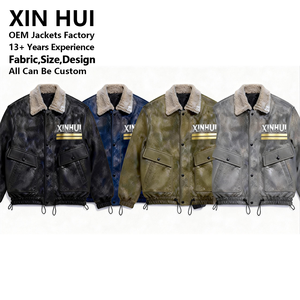 Vintage Distressed PU Leather <b>Long</b> Winter Flight Bomber <b>Jacket</b> <b>Men</b> Streetwear Sherpa Fleece Collar Padded Custom Logo - Product Image 4