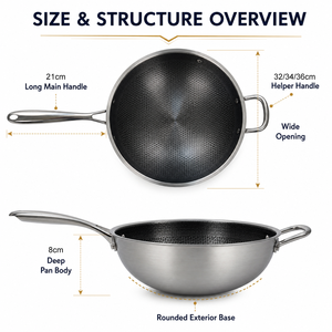 Sartén Wok de Acero Inoxidable 304 al por Mayor del Fabricante, Sartén Antiadherente sin Recubrimiento con Diseño de Panal de Abeja, Sartén para Saltear de Acero Inoxidable con Fondo Plano - Product Image 3