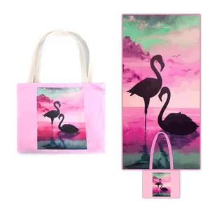 RPET Sublimation Printed Microfiber Suede Beach Towel Foldable Sand Free Beach Towels With Flamingo Pattern