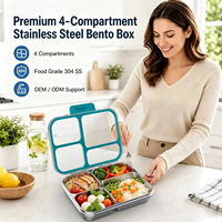 S004-3 Boîte à bento mignonne pour le stockage des aliments, 4 compartiments, en acier inoxydable 304, sans BPA, étanche, vente en gros d'usine sous marque privée