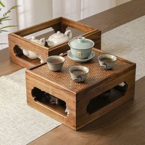Table à thé de style chinois ajourée, plateau rectangulaire empilable en rotin avec rangement pour salon de thé ou bureau - Product Image 1