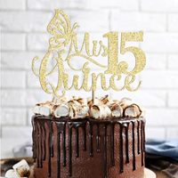 Mis Quince 15 Kuchendekoration Glitzer Hello 15. Geburtstag Tortendeko für Prost auf 15 Glückliches 15. Geburtstagsparty Kuchendekoration Gold