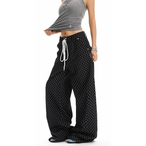 Pantalones vaqueros de mezclilla de pierna ancha recta con cordón en la cintura para mujer, estilo vintage con lunares, para uso diario y trabajo, venta al por mayor - Product Image 2