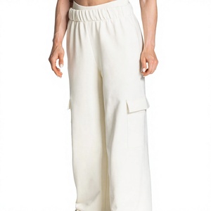 Pantalon cargo crème pour femme, taille haute, tricoté élastique, coupe ample, longueur intégrale, couleur unie, style décontracté - Product Image 1