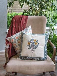 PRABHAVA Hand Block Bohemian Vintage Floral Cotton 400TC Washable Customizable <b>Throw</b> <b>Pillow</b> Cover 16x16 Square Zipper Decor - Product Image 1