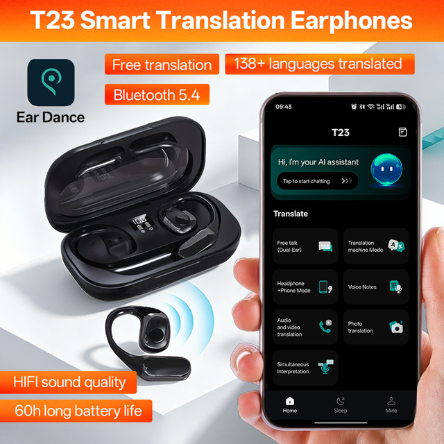 AI Real-Time Translation Earbuds Two-Way Translator Zinc Alloy RGB OWS #T23