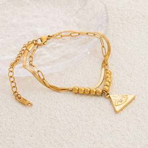 Fashionable Double-Layer Stainless Steel Bracelet 18K Gold Plated Square Pendant Trendy Design Does Not Fade <b>Charm</b> Bracelets - Product Image 3