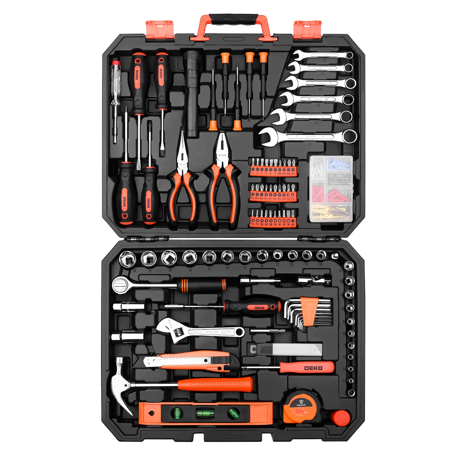 DEKO — Kit d'outils professionnels pour les réparations automobiles, ensemble d'instruments mécaniques, avec tournevis, cliquet, clé à douilles, avec boîte de moulage par soufflage, DKMT208