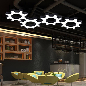 Lámpara Colgante LED de Acero Inoxidable con Forma de Engranaje, Cuerpo Dorado, Luz Blanca Cálida 3500K, Altura Ajustable, Regulable, para Taller, E26 - Product Image 2