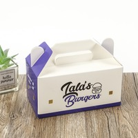 Boîte à repas pour burger personnalisée, imprimée en violet et blanc, avec poignée, pour restaurant de restauration rapide, livraison à emporter, traiteur pour événements