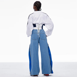 IHOOV Deconstruct Zipper Stripe Denim Pants Blue Wide Leg Jeans para mujer - Product Image 3