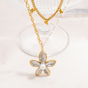 Collar de Perlas de Acero Inoxidable con Colgante de Flor en Oro de 18K, Cadena para Clavícula, Uso Diario - Product Image 2