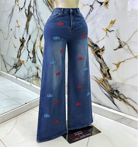 <span class=keywords><strong>Vaqueros</strong></span> <span class=keywords><strong>cargo</strong></span> de mezclilla de cintura alta para mujer, corte holgado, estilo pierna ancha, con detalles bordados de pedrería, en stock, venta al por mayor - Product Image 4