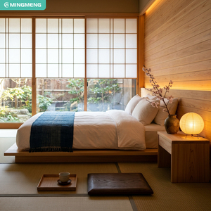 Lit plateforme en bois massif de style japonais, taille king, ensemble de meubles de chambre à coucher modernes pour hôtel, design durable - Product Image 2