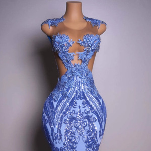 S3468L Nuovo Abito Elegante 2026 in <span class=keywords><strong>Velluto</strong></span> Blu a <span class=keywords><strong>Maniche</strong></span> <span class=keywords><strong>Lunghe</strong></span>, Stile Sirena con Vita Definita, <span class=keywords><strong>Vestito</strong></span> da Sera - Product Image 3