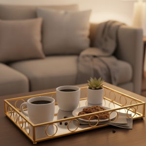 ถาดเสิร์ฟโลหะแก้วดีไซน์ทันสมัยเคลือบเงาสีทองหรูหรา |   ขาตั้งอเนกประสงค์ปลอดภัยต่ออาหาร เป็นมิตรกับสิ่งแวดล้อม สำหรับใช้ในบ้านและร้านอาหาร - Product Image 1