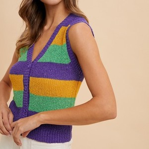 Tùy Chỉnh Bán Buôn Mardi Gras Của Phụ Nữ Mùa Hè Sọc V Cổ Áo Len Đan <span class=keywords><strong>Tank</strong></span> Tops Nhà Sản Xuất - Product Image 3