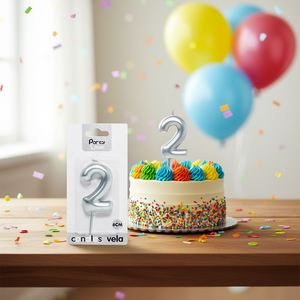Candela Numero 2 in Argento 'Party Love' 6Cm per Decorazione Torta di Compleanno - Product Image 2