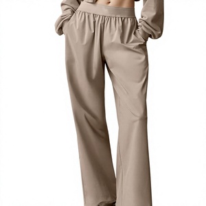 Women's Beige Wide Leg Pants High <b>Waist</b> <b>Elastic</b> <b>Waist</b> Loose Fit Casual Solid Color Full Length <b>Trousers</b> <b>With</b> Pockets - Product Image 1