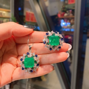 Fashion 12*12mm <b>Emerald</b> <b>Green</b> Zirconia Creative Color-block Necklace Earrings Set Eco-friendly Copper Wedding Jewelry 18K Gold - Product Image 3