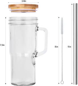 Sublimation 24oz <strong>Mason</strong> <strong>Jar</strong> Coffee Cup <strong>with</strong> <strong>Handle</strong> Reusable Glass Drinking Cups <strong>with</strong> Bamboo Lid and Straw - Product Image 3