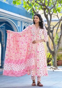 Classy Indian Wedding Look New Arrival Floral Print Anarkali Cotton Kurta Palazzo Set with Dupatta for Festive Wear - Product Image 4