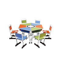 Bureau d'étudiant au design moderne et cambré avec chaise en bois et métal, ensemble de tables et chaises de réunion pour 6 personnes, mobilier scolaire