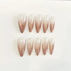 French Stiletto High Quality Gel Press On Nails Gradient Color Nails With Gold Line Design Full Cover Wear Nail